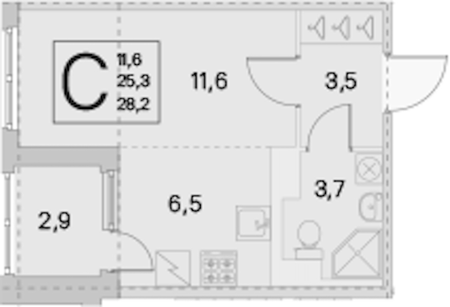 Квартира студия 25.3 м², 3/5 эт., ЖК «ЮгТаун. Олимпийские кварталы»